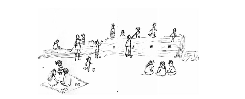 Black and white lines, people and children at Sydney garden. Editorial Illustration by Nathalie Goss