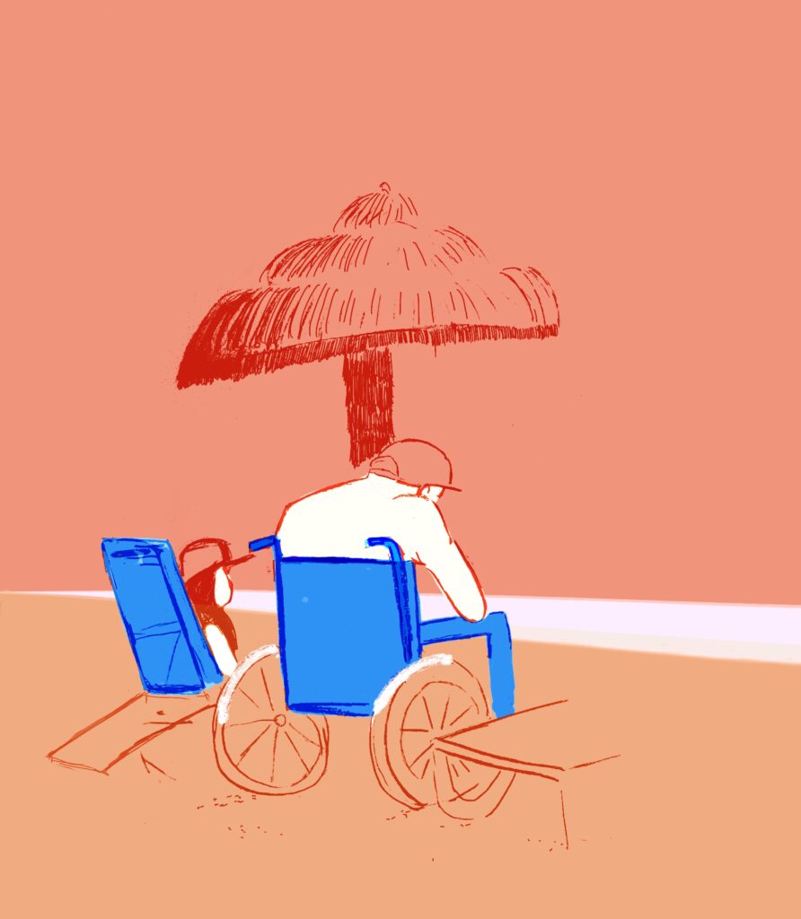 Old dad on the beach in the wheelchair. Editorial illustration by Nathalie Goss