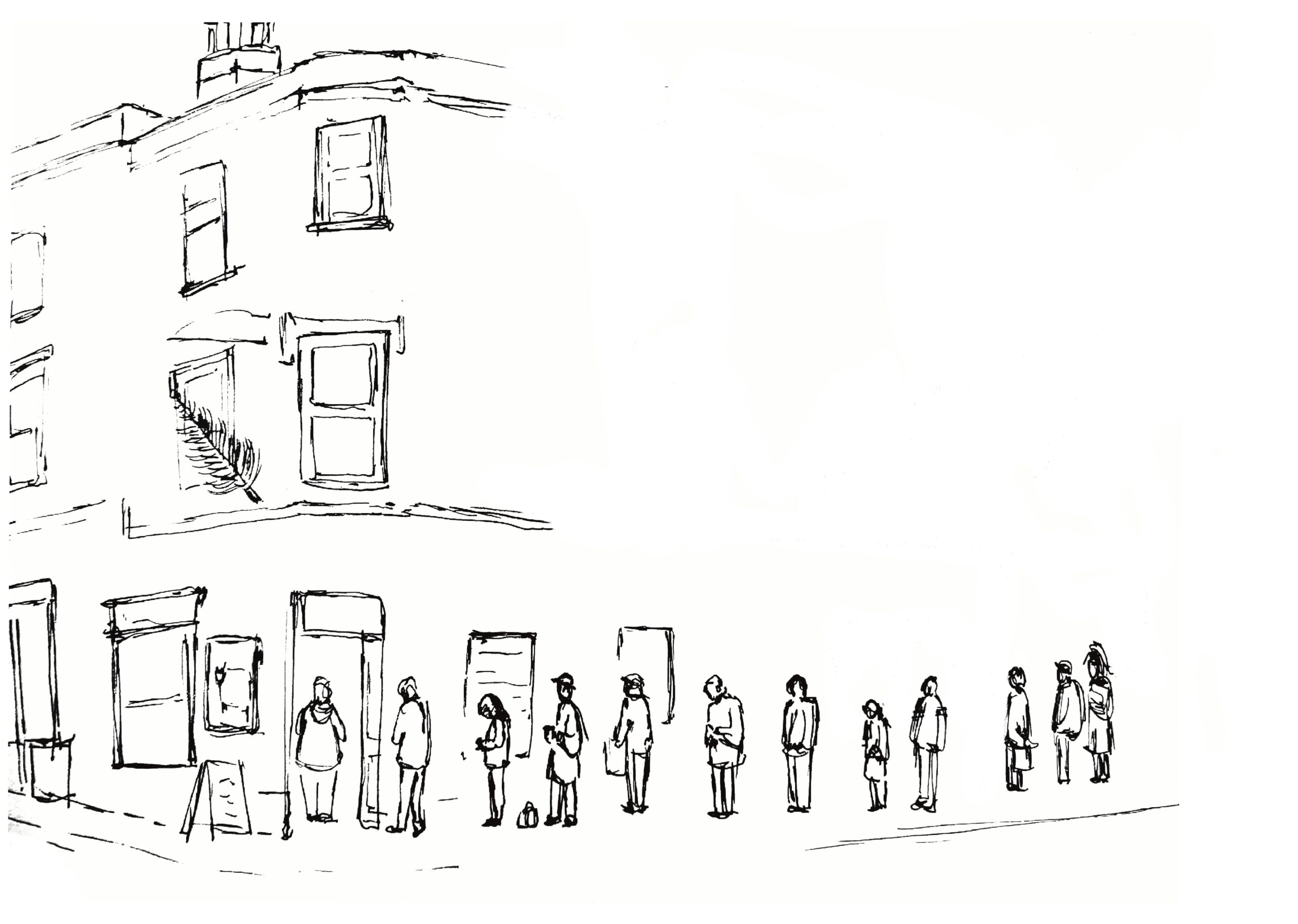 Queueing at the butcher. Black and white illustration everyday moments within a community.