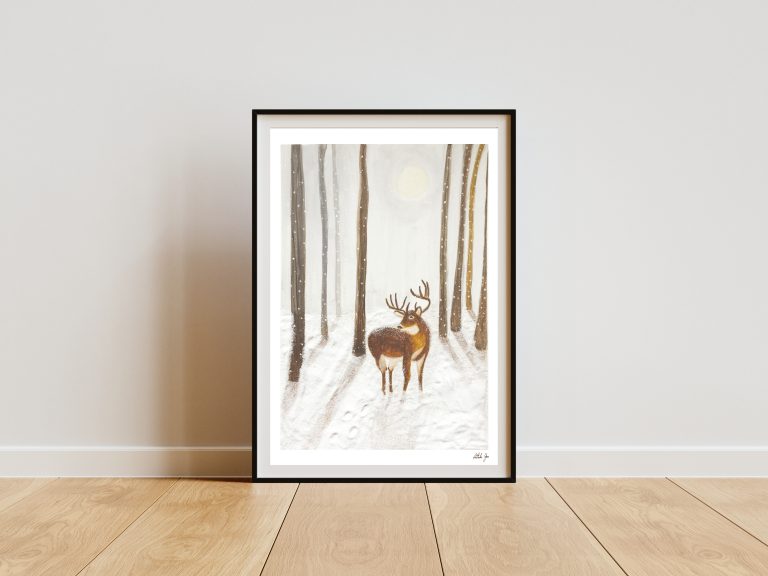 Winter Woodland Deer- A4  Print.