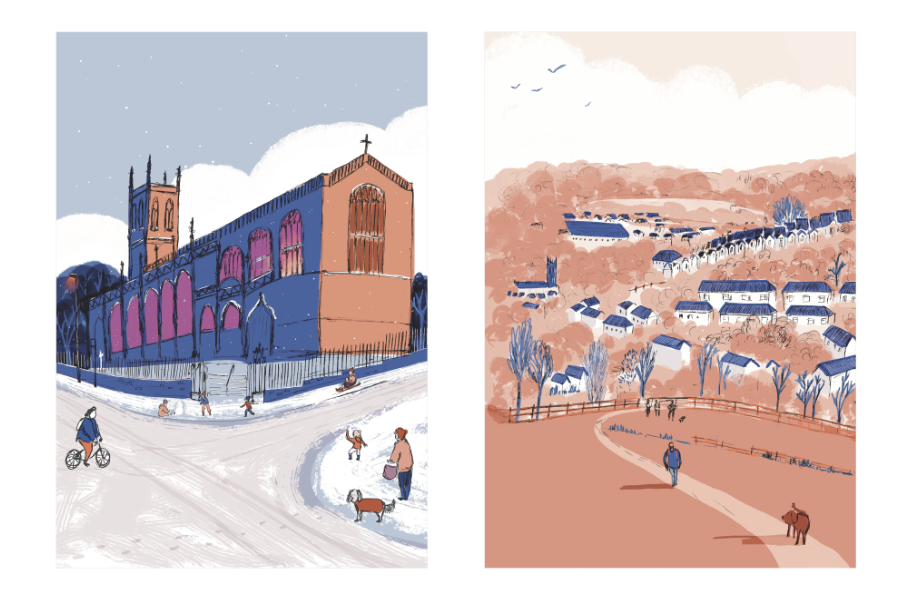 Illustrations of Bath, Larkhall by Nathalie Goss. Charlcombe Valley print