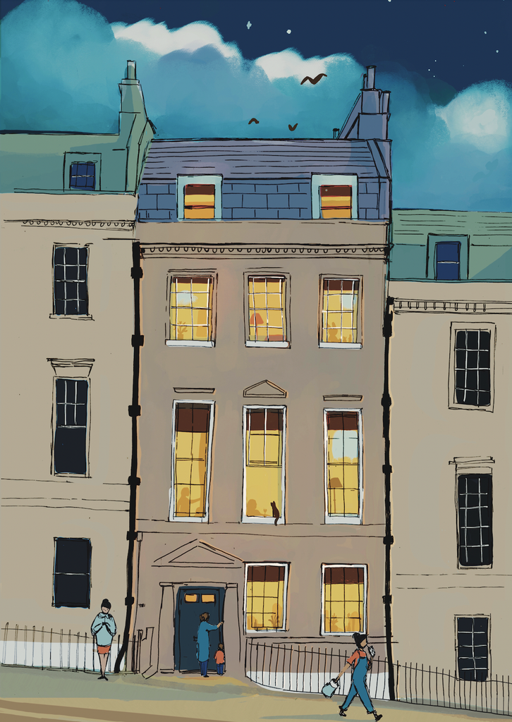 Bath Architecture illustration.Family house illustration by Nathalie Goss. Nighttime illustration. Bath buildings. Victoria house illustration by Nathalie Goss