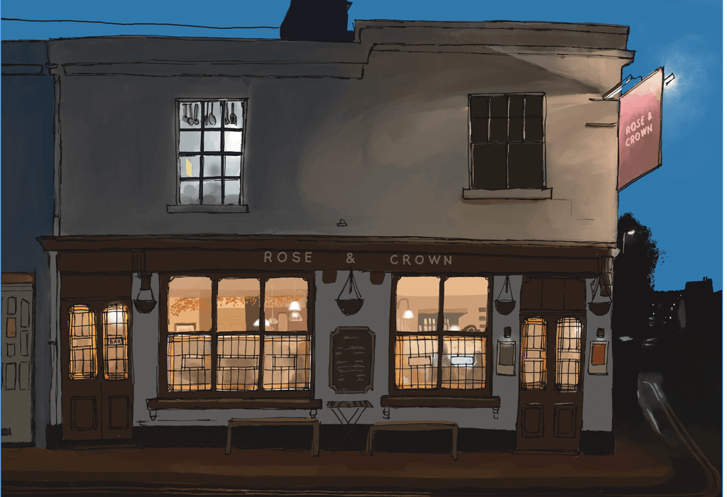 Pub illustration in Bath at nighttime by Nathalie Goss