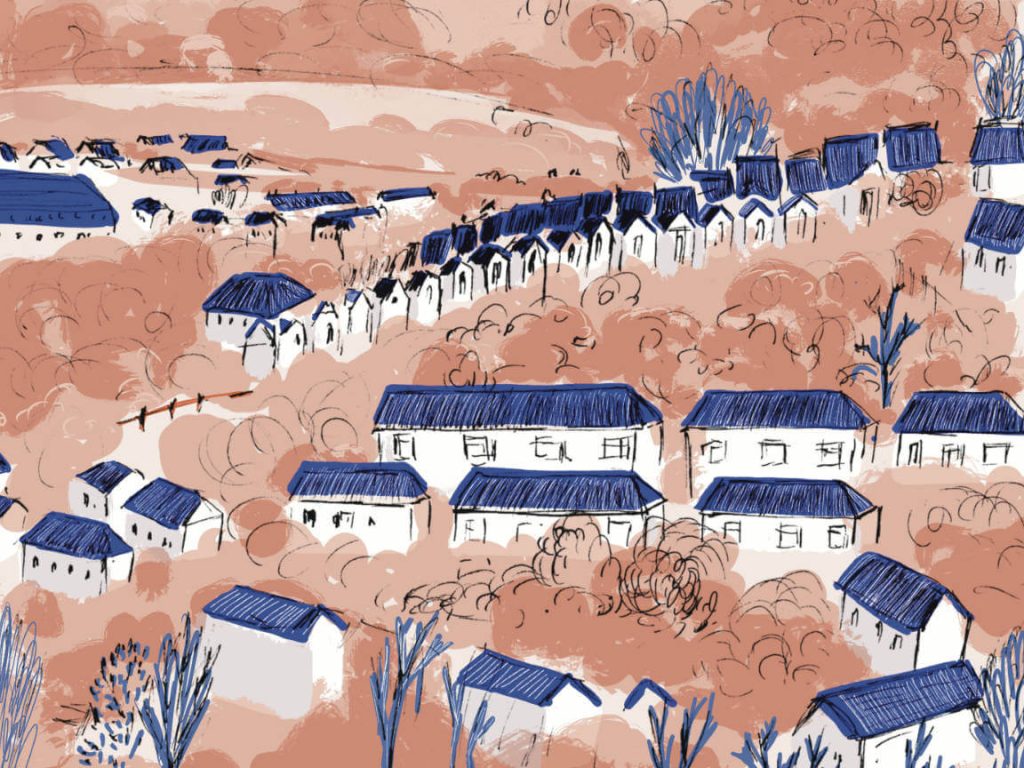 A two-colour illustration in blue and orange of a man walking uphill with his dog, on Charlcombe Valley, Bath, by Nathalie Goss
