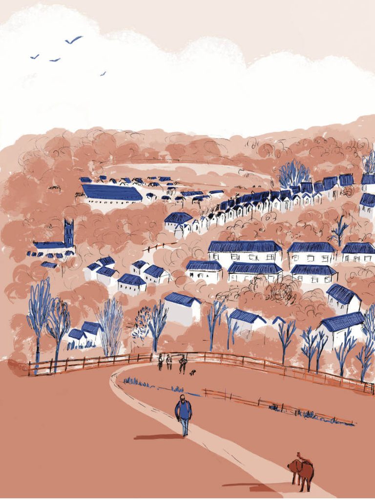 A two-colour illustration in blue and orange of a man walking uphill with his dog, on Charlcombe Valley, Bath, by Nathalie Goss