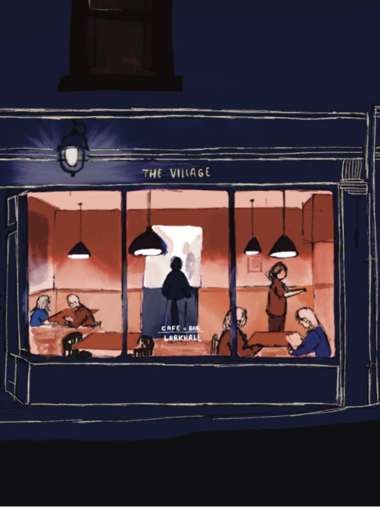 A nighttime illustration of The Village, a café restaurant in Larkhall, Bath, showing customers enjoying their meals and the silhouette of a chef cooking in the background.