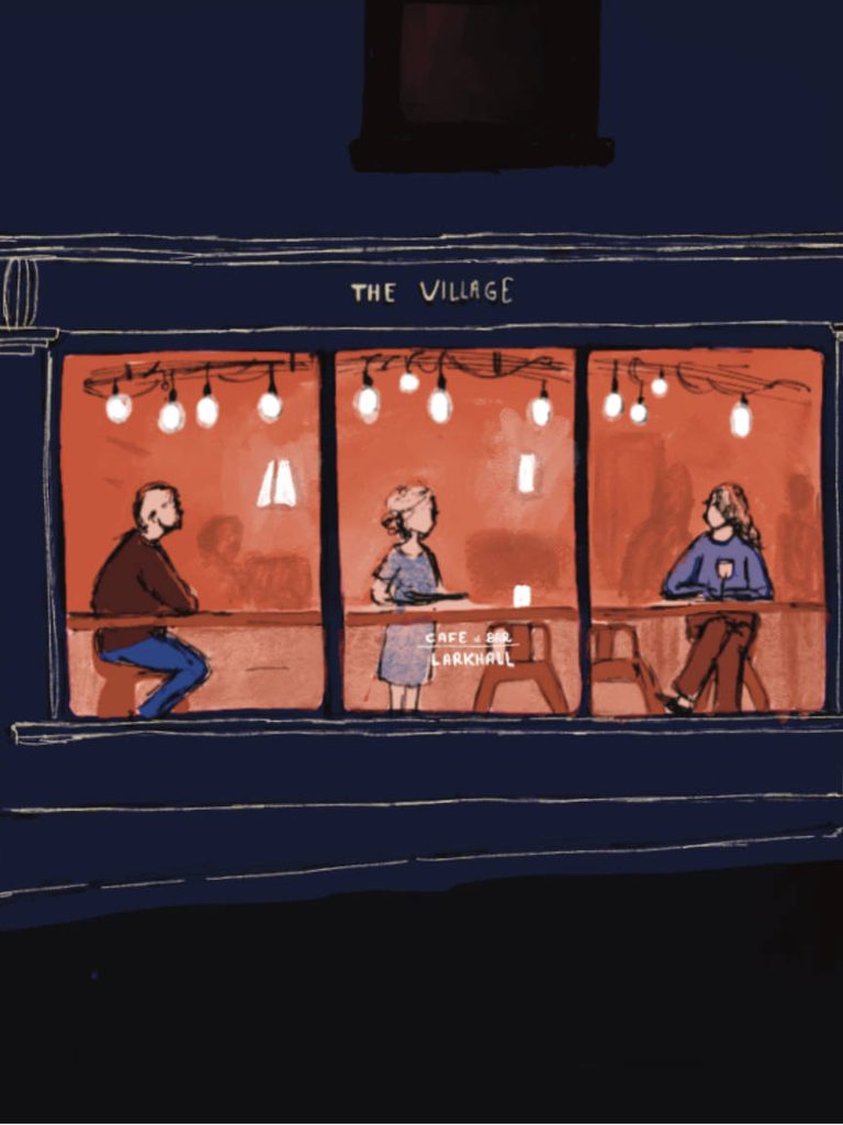 A nighttime illustration of The Village, a café restaurant in Larkhall, Bath, showing customers enjoying their meals and the silhouette of a chef cooking in the background.