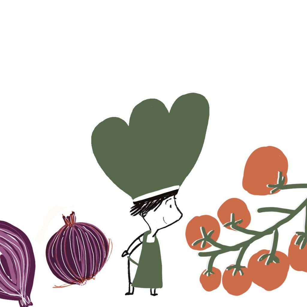 Illustration of a little chef character cooking for children, surrounded by red tomatoes and purple onions.