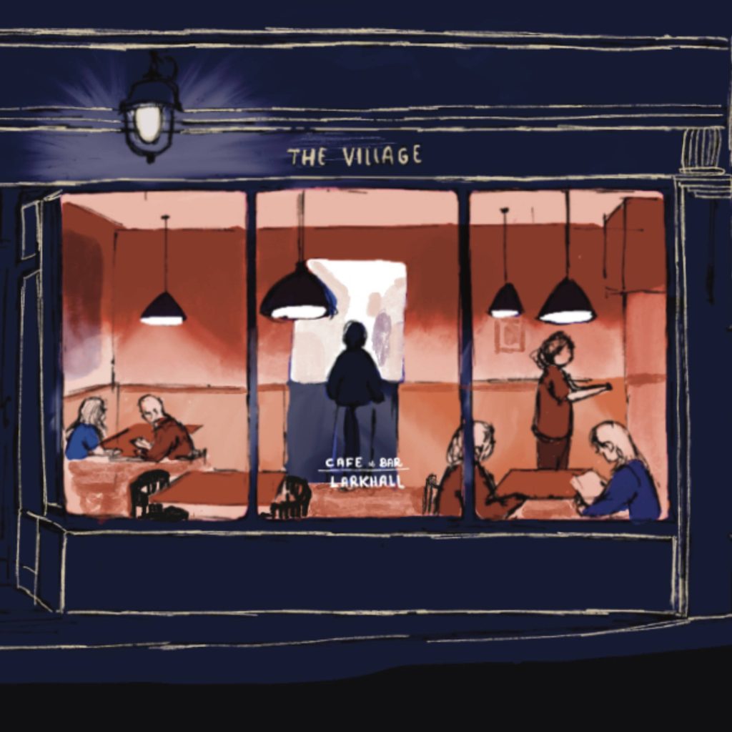 A nighttime illustration of The Village, a café restaurant in Larkhall, Bath, showing customers enjoying their meals and the silhouette of a chef cooking in the background.
