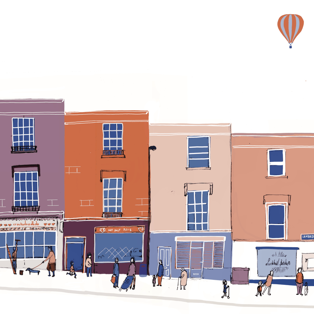 An illustration of Larkhall’s main street in Bath, lined with shops, with a hot-air balloon floating in the sky.