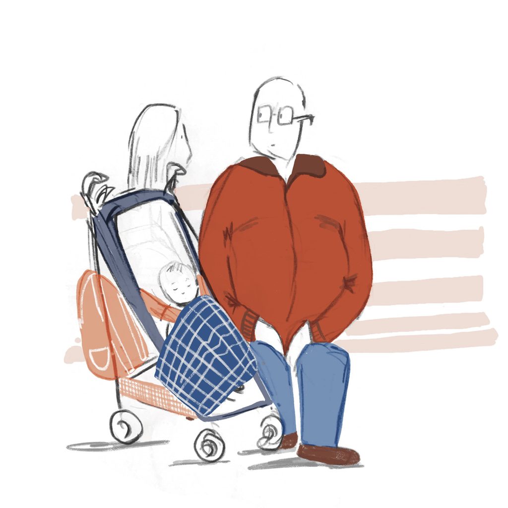 Illustration of parents sitting on a bench with their baby sleeping in a pram.
