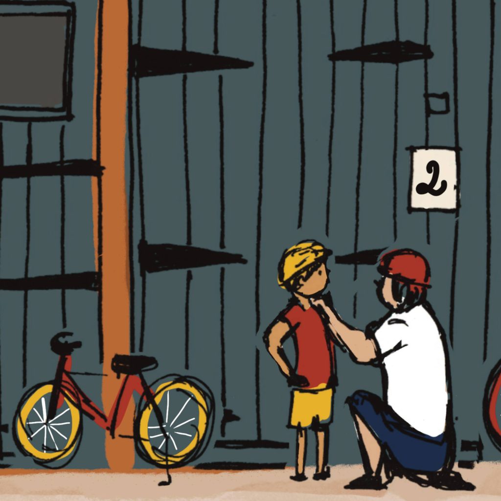 Illustration of a boy getting ready to go on a bike ride with his dad.