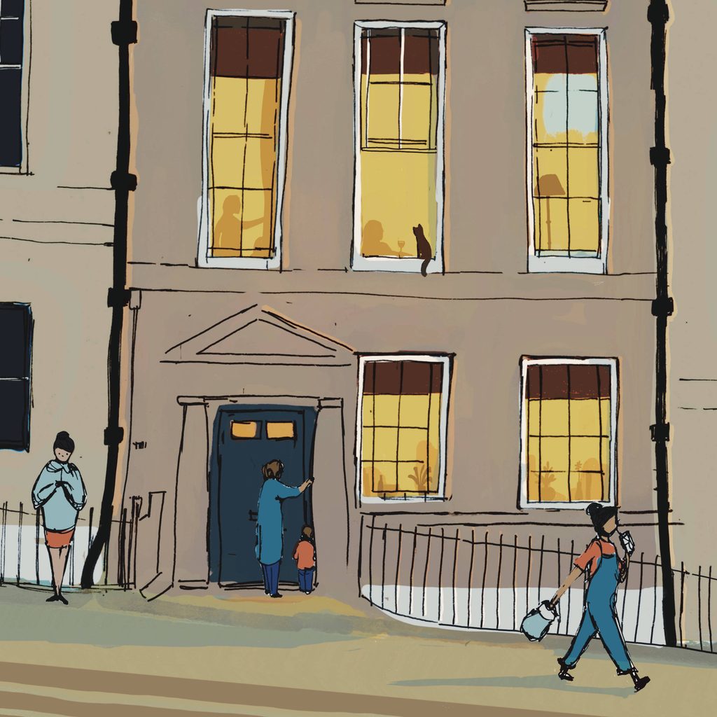 Nightime illustration of Bath Architecture buildings. People walking through the street, and the shadow of people 