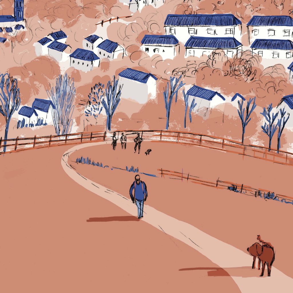A two-colour illustration in blue and orange of a man walking uphill with his dog, on Charlcombe Valley, Bath