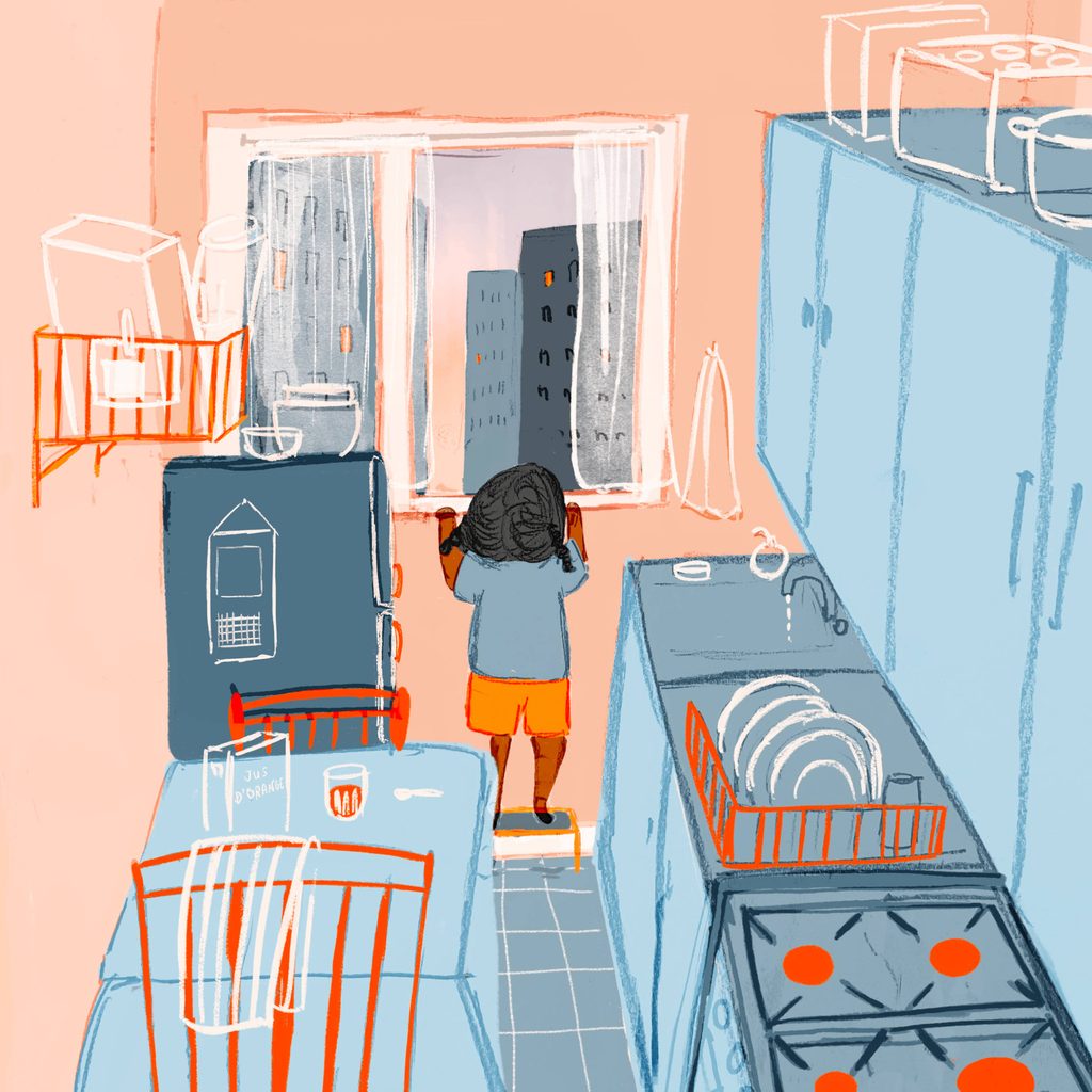 Illustration of a young Black girl looking out of a kitchen window towards tower blocks, with blue and orange as the dominant colours.