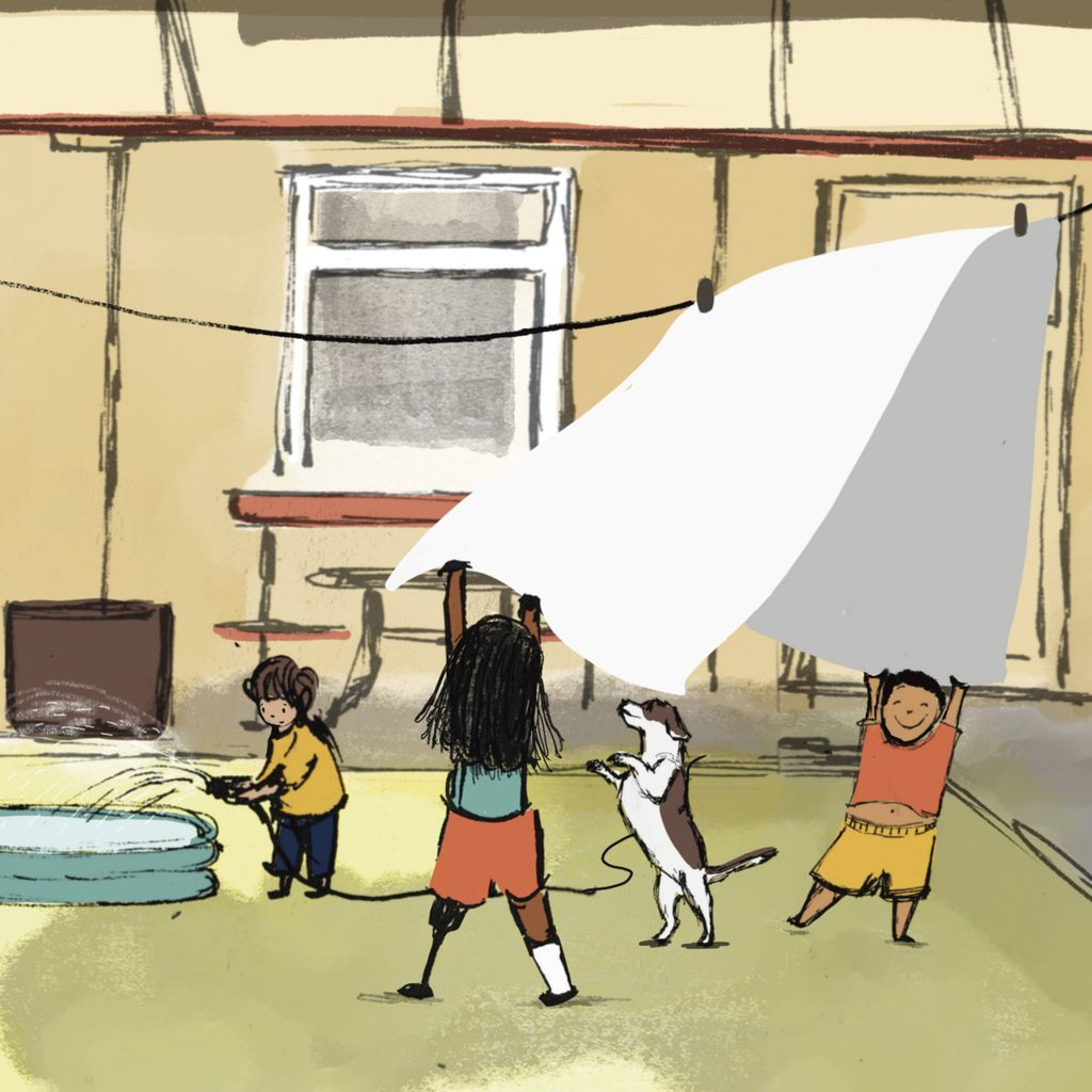 Illustration of three children playing in the garden on a summer’s day, accompanied by a playful dog. One of the children has a prosthetic leg.