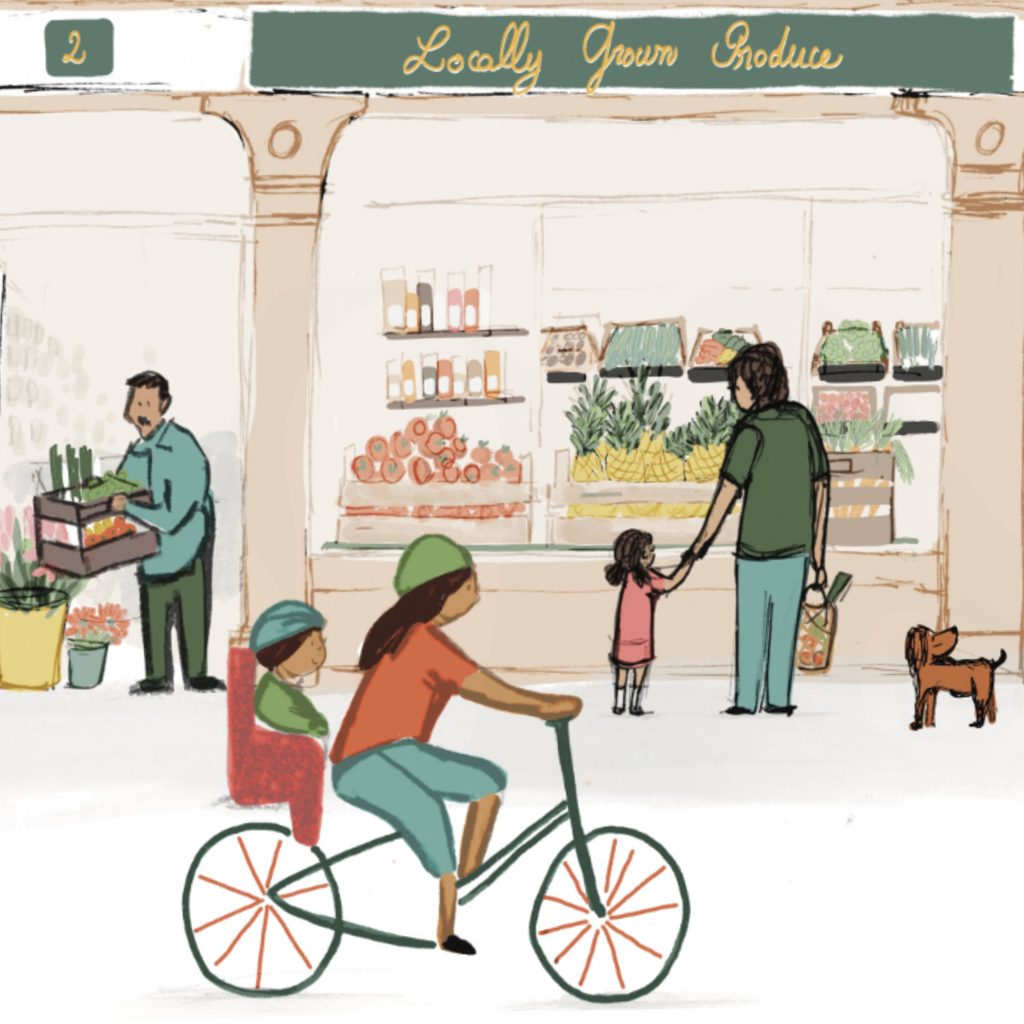Illustration of a farm shop filled with colourful vegetables and exotic fruits. A little girl and her dad look through the shop window, while a mum cycles past with a small child seated on the back of her bike.