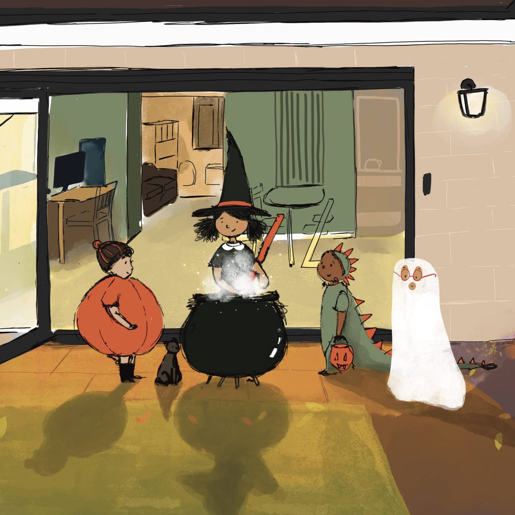 Illustration of Halloween scenery. A Halloween scene featuring children dressed as a pumpkin, a witch, a ghost and a dinosaur, all working together to make a magical potion.
