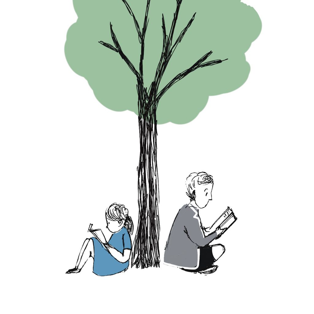 Illustration of two children reading a book sitting against a tree