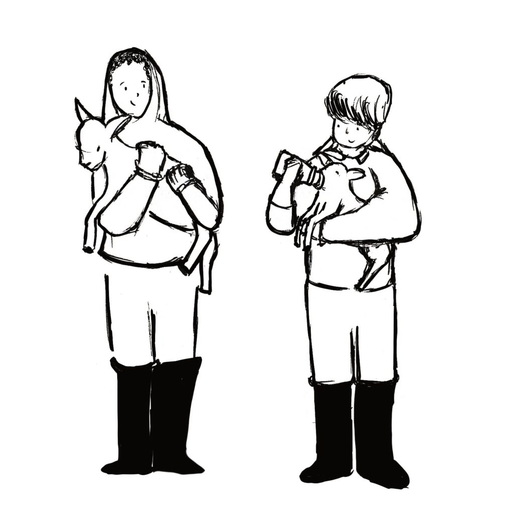 Black and white illustration of two teens who are feeding goats. 