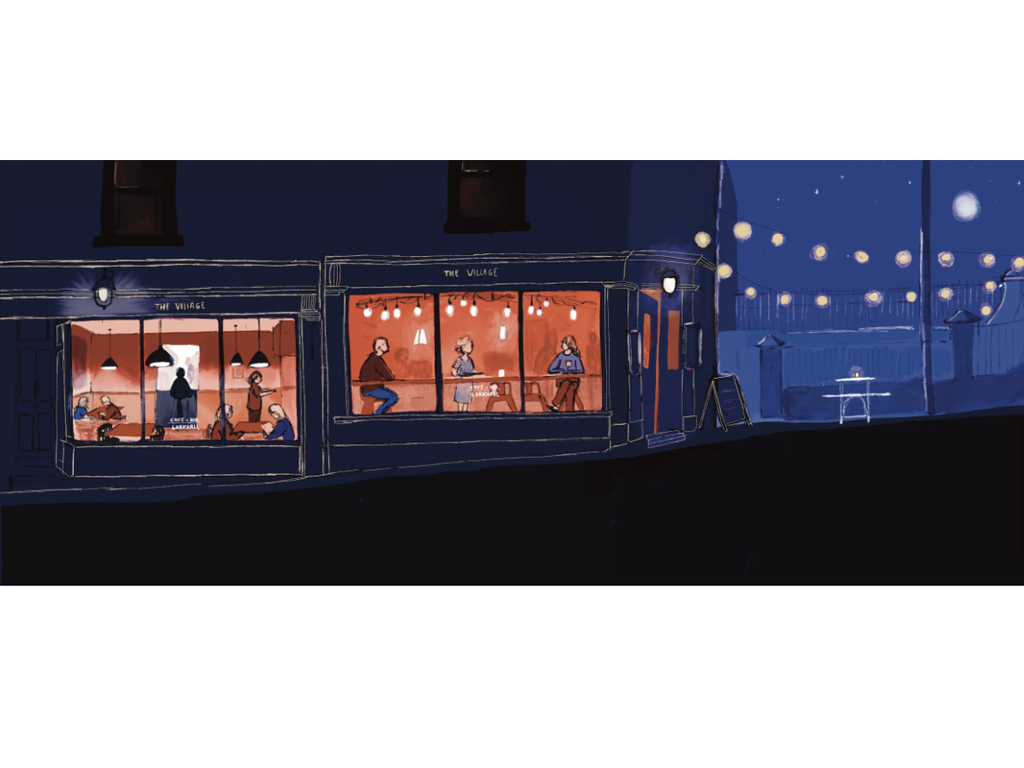 A nighttime illustration of The Village, a café restaurant in Larkhall, Bath, showing customers enjoying their meals and the silhouette of a chef cooking in the background.